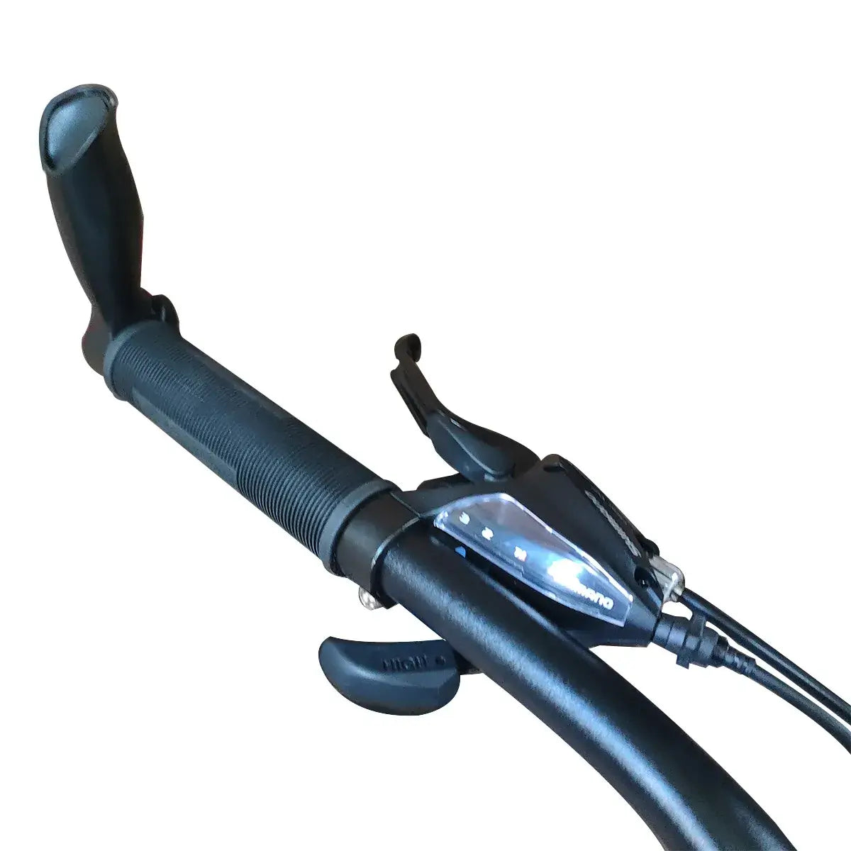 Close-up view of Shimano shifter and rubber handlebar grip on Trinx mountain bike, isolated on white background