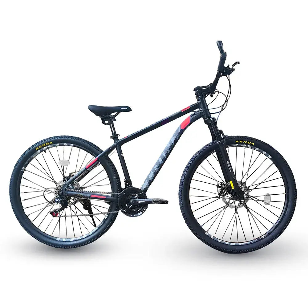 Side view of Trinx M136 PRO 29-inch mountain bike with black and red frame, isolated on white background