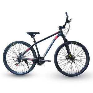 Side view of Trinx M136 PRO 29-inch mountain bike with black and red frame, isolated on white background