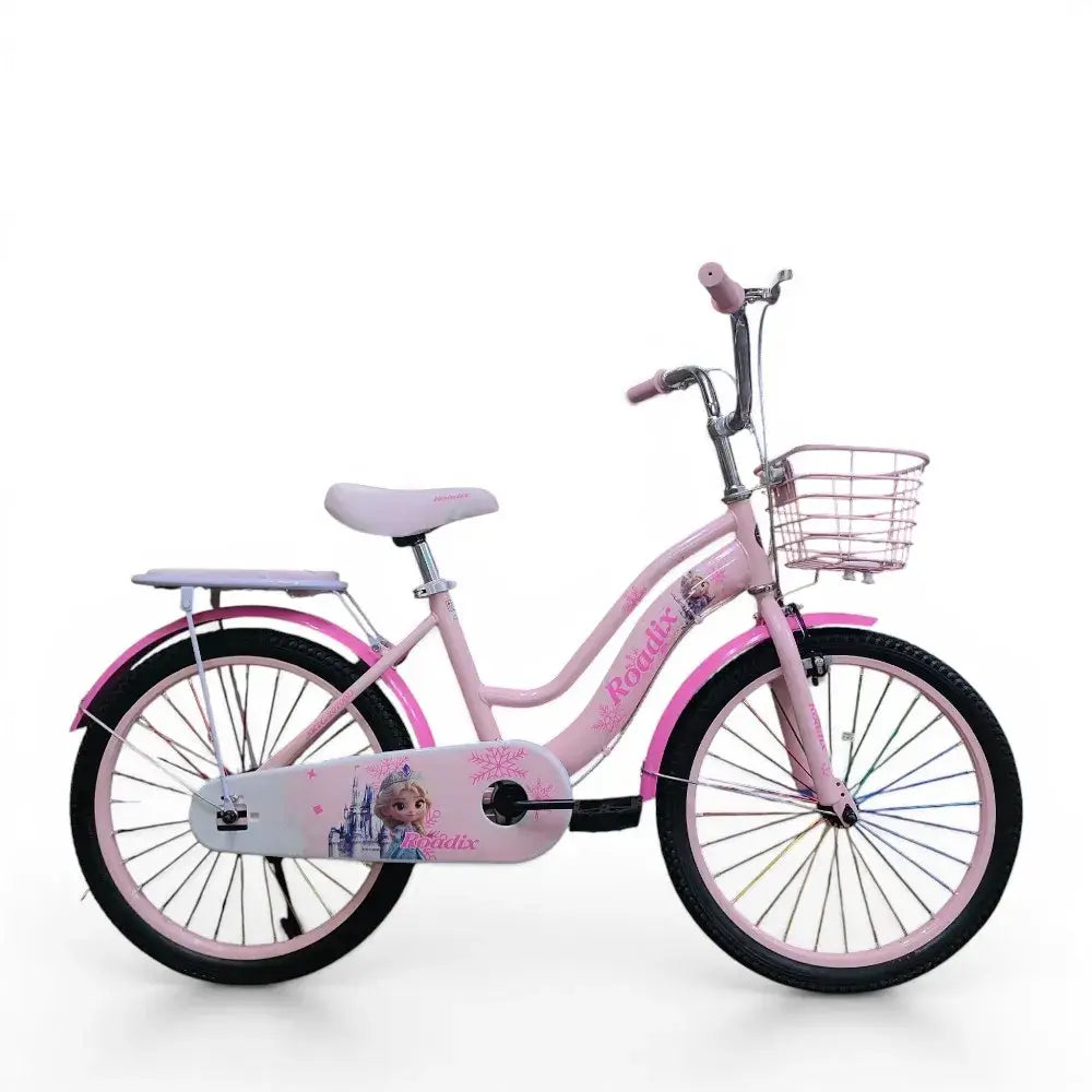 Side view of a pink Roadix 20-inch girls bicycle with front basket and Frozen graphics.