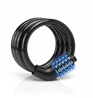 A coiled black bicycle cable lock with a 5-digit combination dial, on a plain white background.