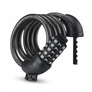 Close-up of a coiled black bicycle combination cable lock with multi-digit dials, featuring a small blue button, on a clean white background.