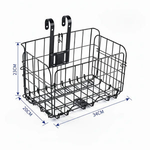 Black metal wire bicycle basket showing product dimensions of 23cm height, 20cm width, and 34cm depth