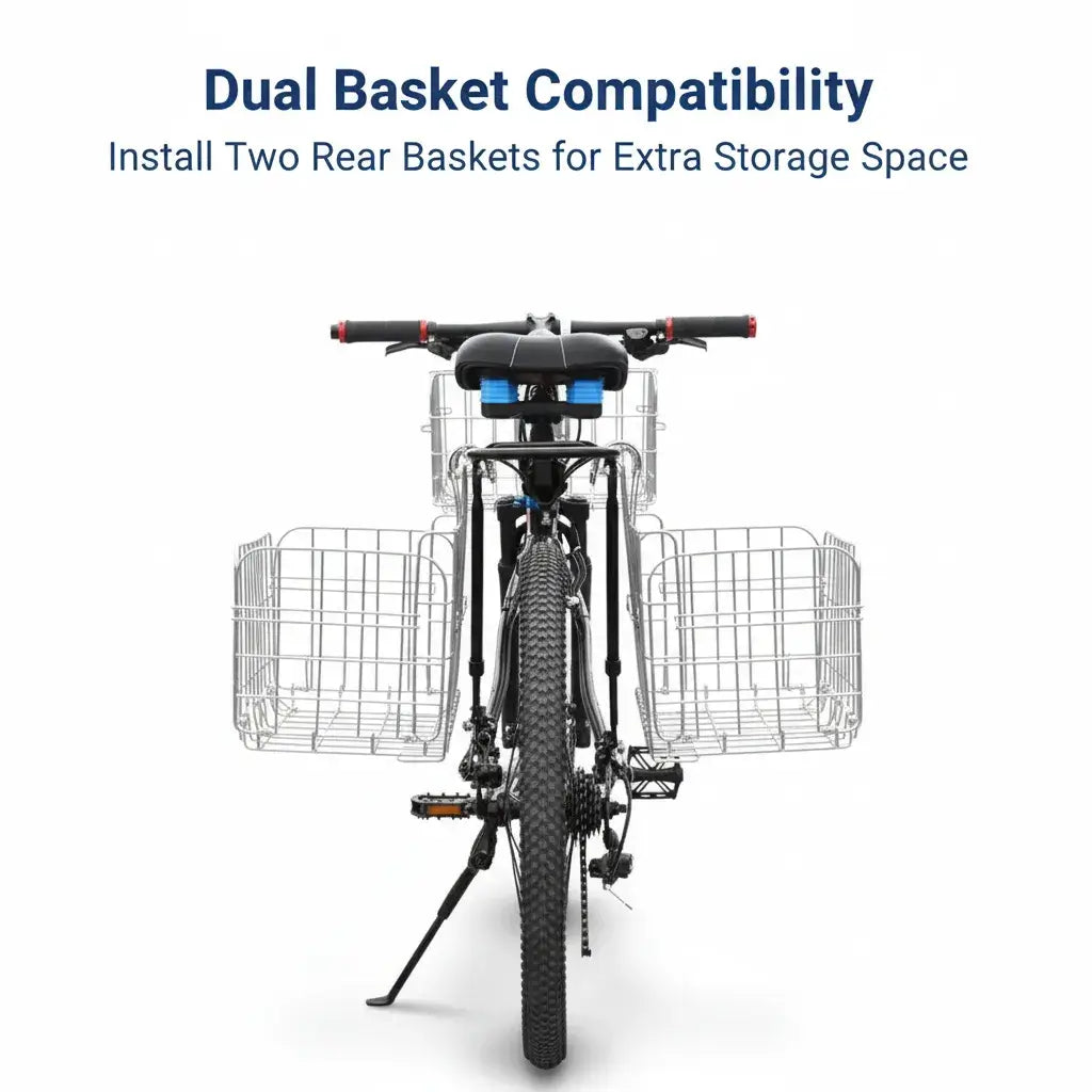 Bicycle rear view showing dual basket setup with two metal wire baskets mounted on both sides