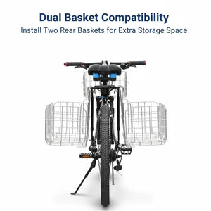 Bicycle rear view showing dual basket setup with two metal wire baskets mounted on both sides