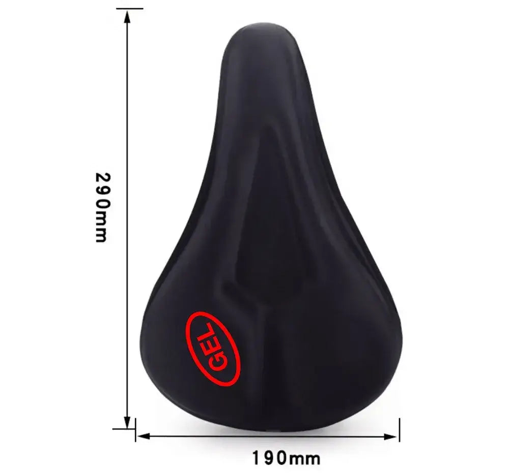 Black gel padded bicycle saddle cushion cover with red GEL logo, showing length 290mm and width 190mm dimensions on white background
