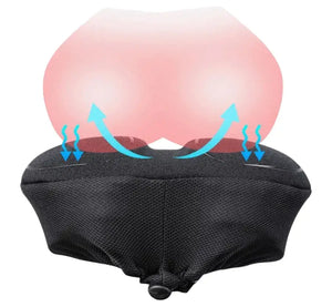 Black padded bicycle saddle cushion cover showing ergonomic hip support design with blue directional arrows, isolated on white background
