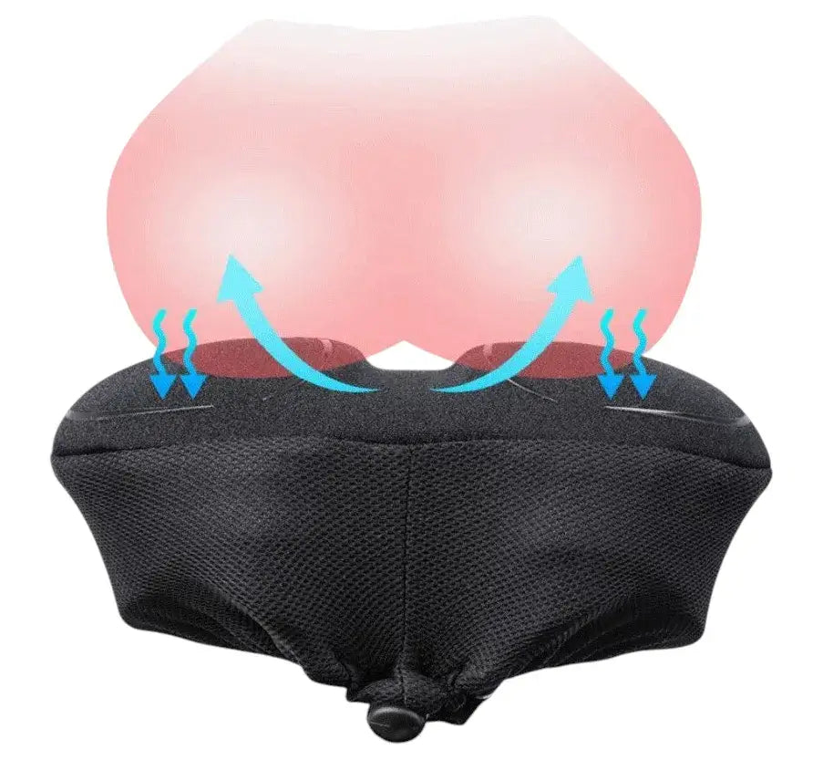 Black padded bicycle saddle cushion cover showing ergonomic hip support design with blue directional arrows, isolated on white background