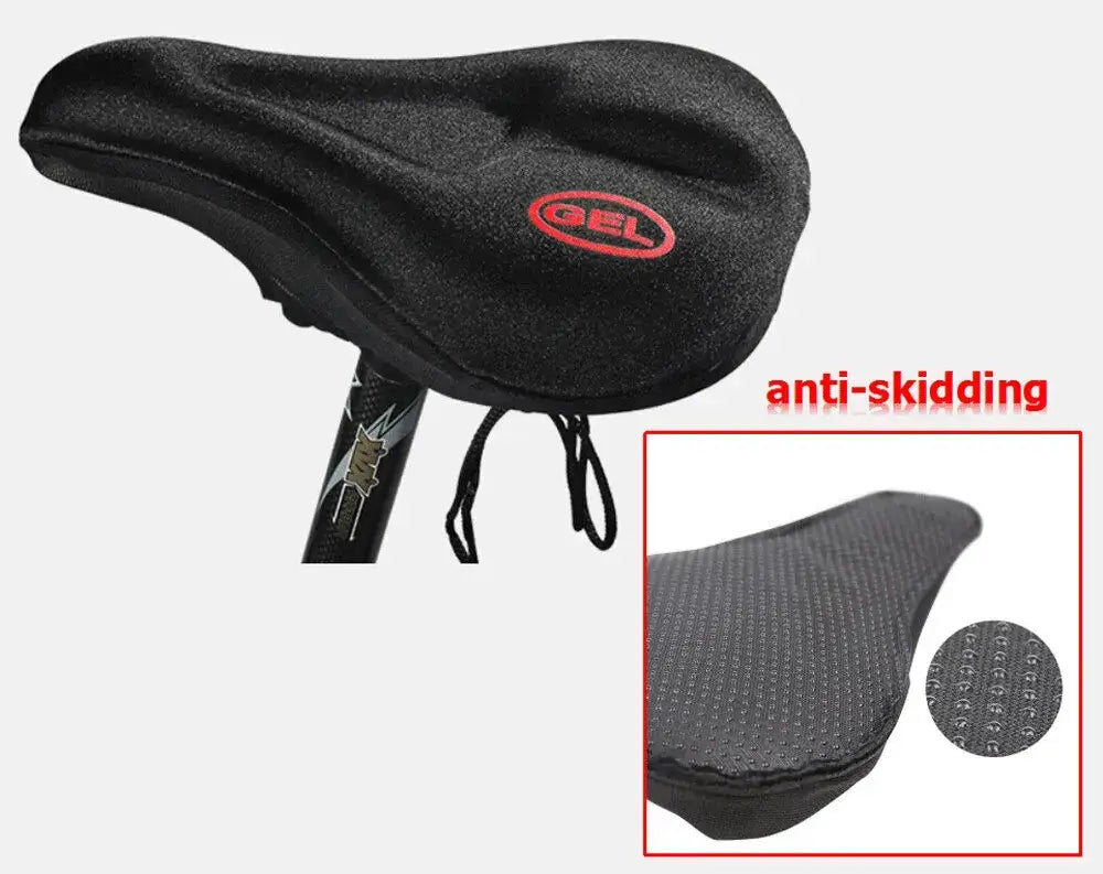 Black padded bicycle seat cover with inset showing anti-skidding textured grip and red text 'anti-skidding'