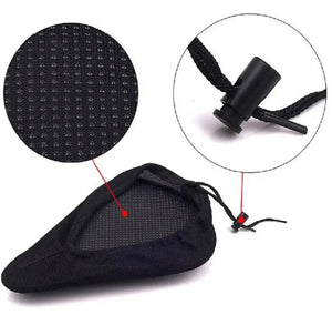 Black bicycle saddle cushion cover with circular close-ups highlighting breathable mesh fabric and adjustable drawstring toggle