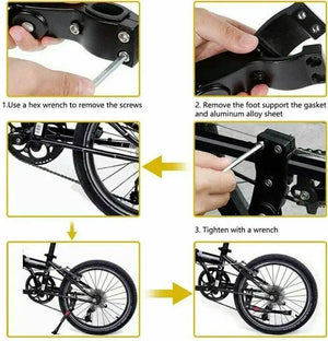 Step-by-Step Installation Guide for Black Adjustable Bicycle Kickstand – Showing Hex Wrench Use and Mounting Process on a Bike Frame