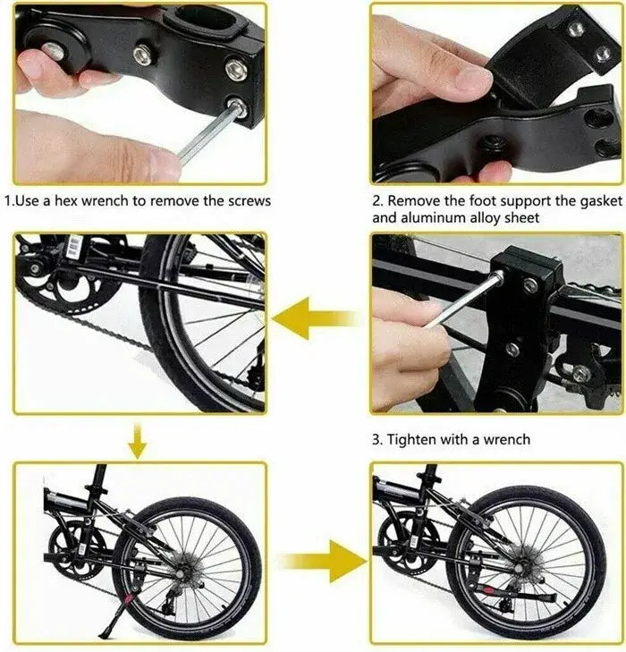 Step-by-Step Installation Guide for Black Adjustable Bicycle Kickstand – Showing Hex Wrench Use and Mounting Process on a Bike Frame