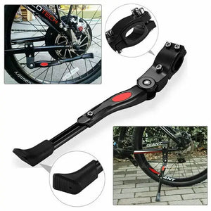 Black Adjustable Bicycle Kickstand – Promotional Display Showing Installation on a Mountain Bike, Close-Ups of Mounting Clamp, and Non-Slip Foot
