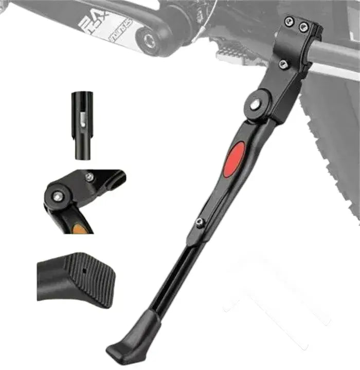 Black Adjustable Bicycle Kickstand – Multi-Angle Product Views Showing Mounting Clamps, Adjustable Mechanism, and Non-Slip Foot
