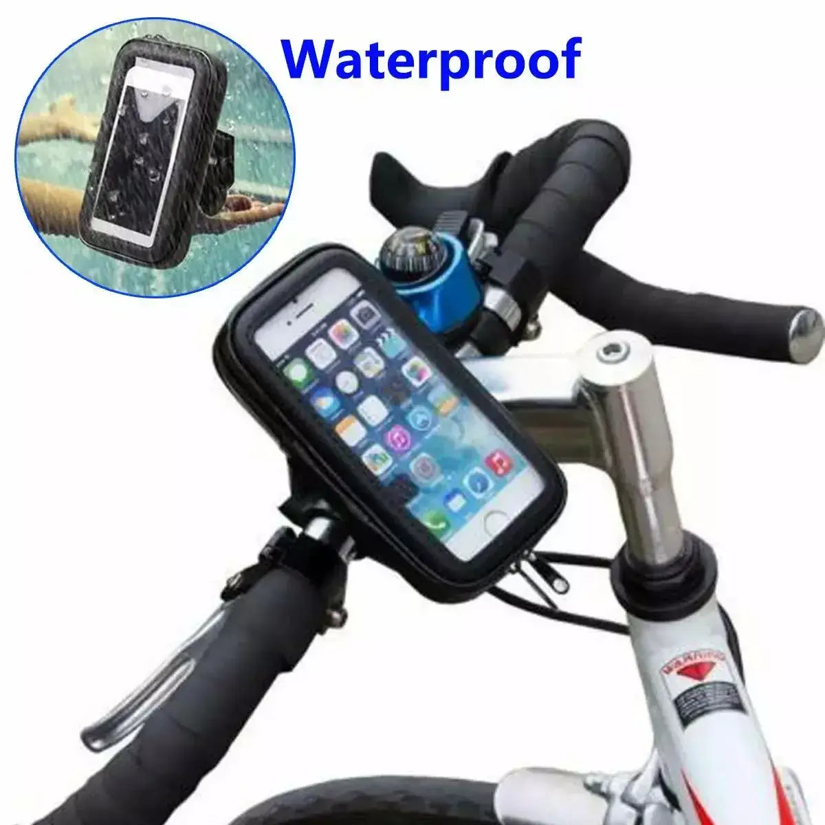 Black waterproof bicycle phone mount installed on handlebars with an inset image showing water resistance features