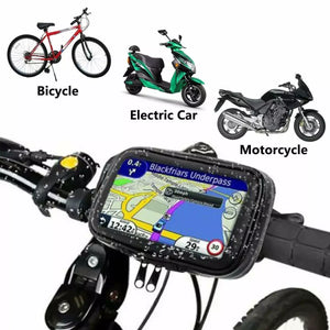 Black waterproof phone mount with GPS navigation display on a handlebar, featuring inset icons for bicycle, scooter, and motorcycle compatibility