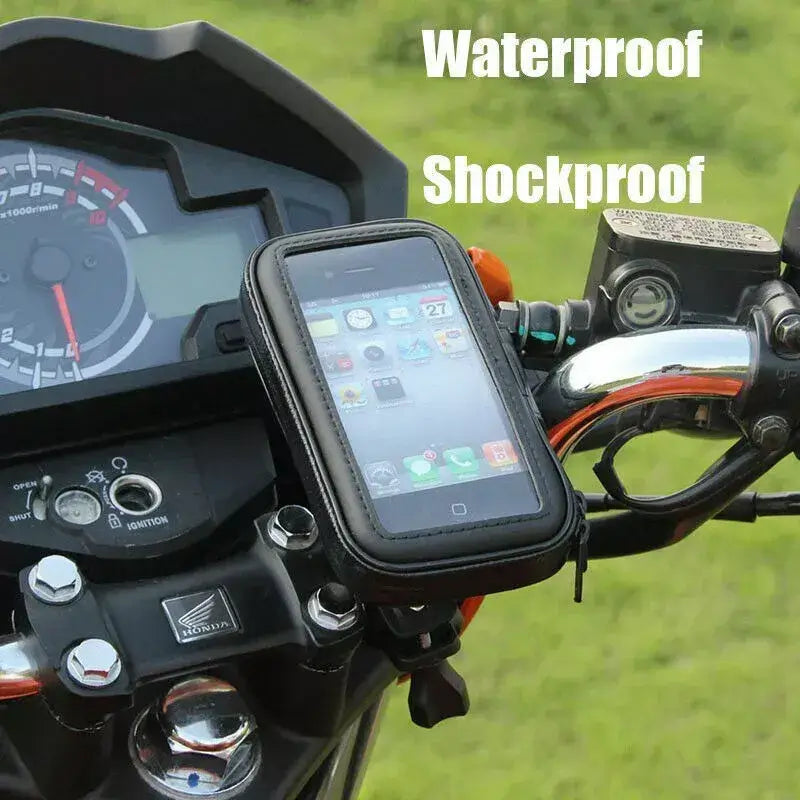 Black waterproof and shockproof phone holder mounted on a motorcycle handlebar with overlay text