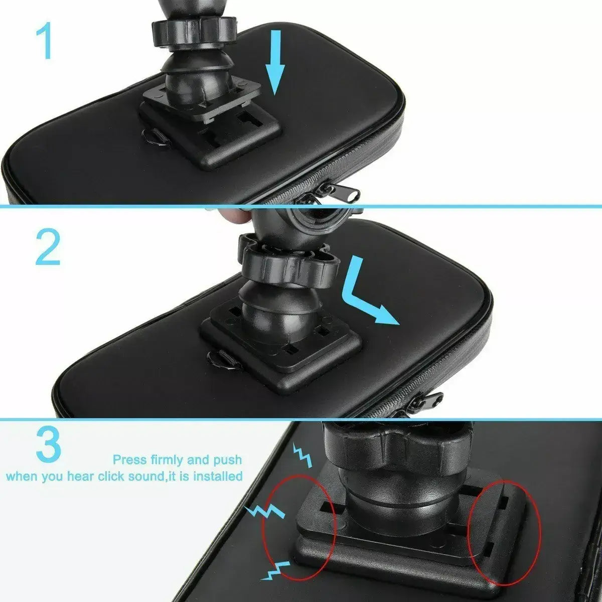 Three-step guide showing how to align, slide, and click lock the phone case onto the bicycle mounting bracket