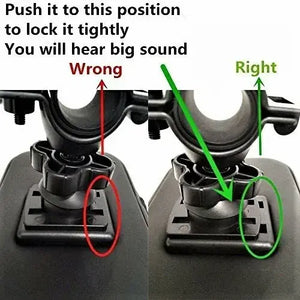 Instructional comparison showing 'Wrong' red and 'Right' green mounting positions for the phone holder bracket base