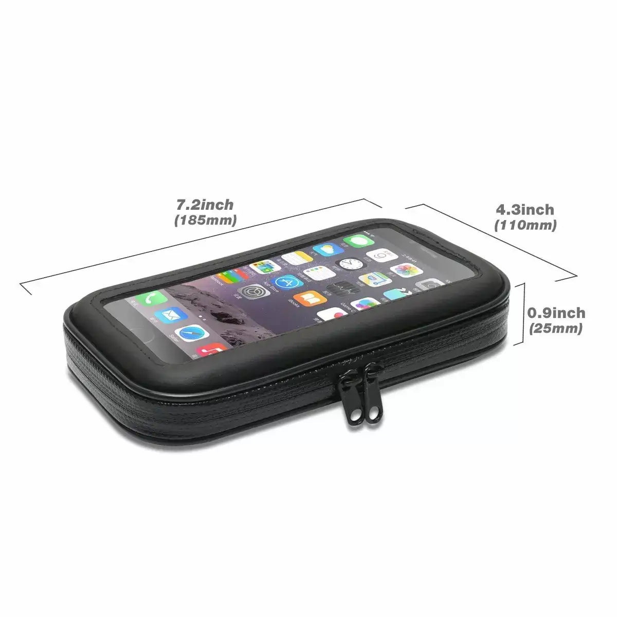 Black zippered waterproof phone case with a clear screen panel showing dimensions of 7.2 x 4.3 x 0.9 inches