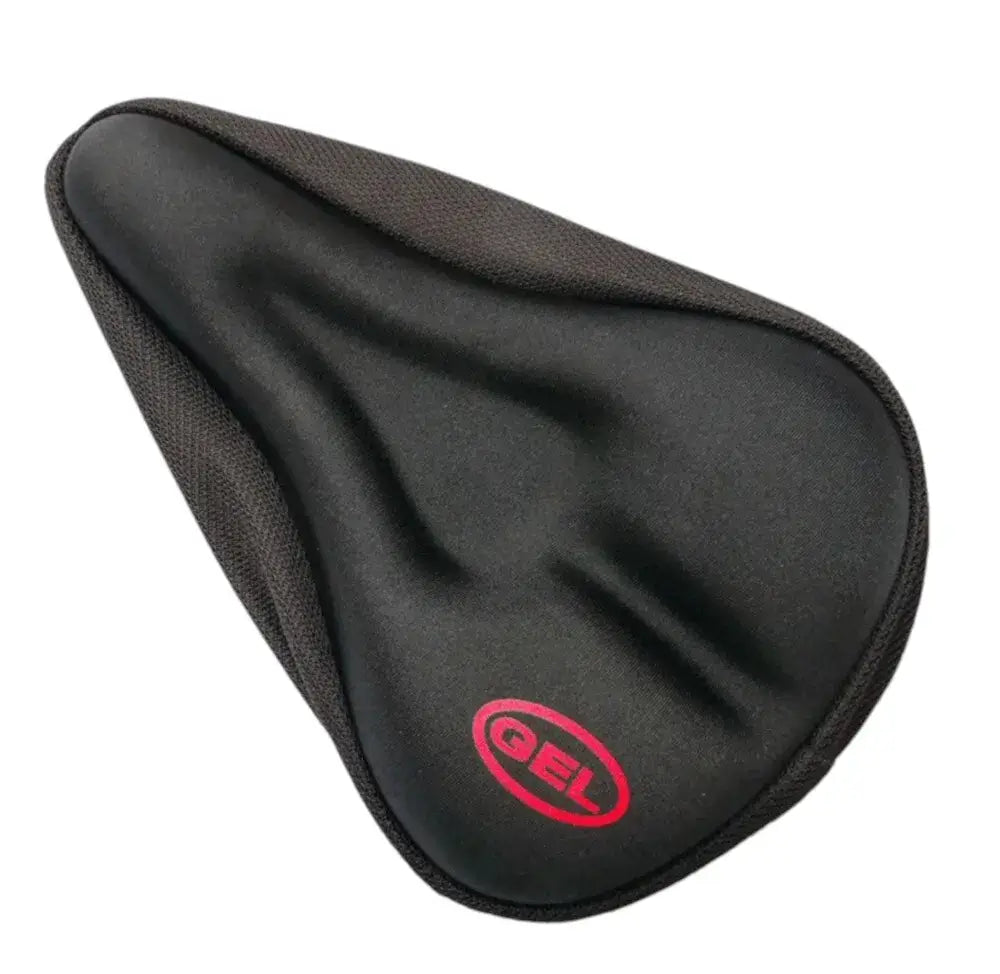 Black gel padded bicycle saddle cushion cover with red GEL logo showing contoured ergonomic design, isolated on white background
