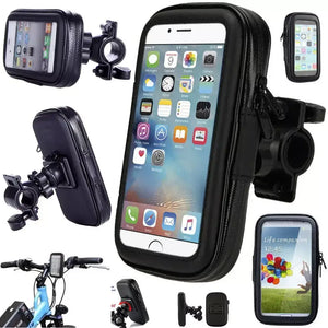 Multiple views of a black waterproof bicycle phone mount, including smartphone insertion, handlebar mounting, and adjustable clamp details