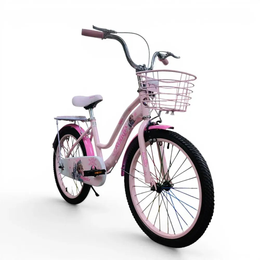 Pink 20-inch Roadix girls bicycle with front basket and rear seat.