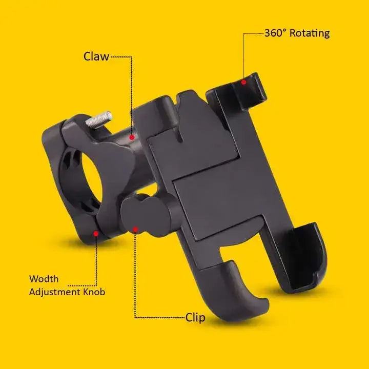 Black metal bicycle phone mount structure with labeled component features on a bright yellow background